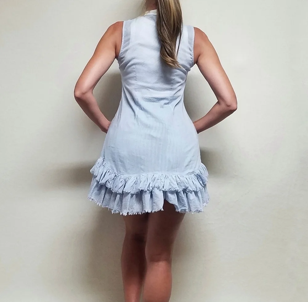 Rare Zara Blue Pinstripe White Trim Mockneck Raw Cut Ruffle Hem Mini Dress XS